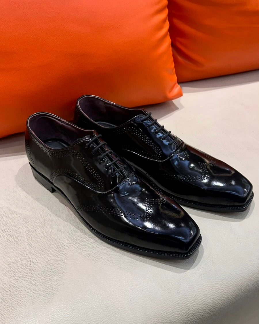 Black Smooth Calf Leather Oxfords with Perforations
