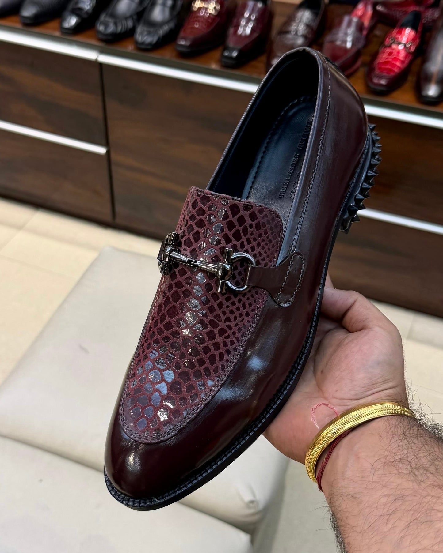 Exotic Burgundy Spectator Horsebit Loafers with Studded Heel