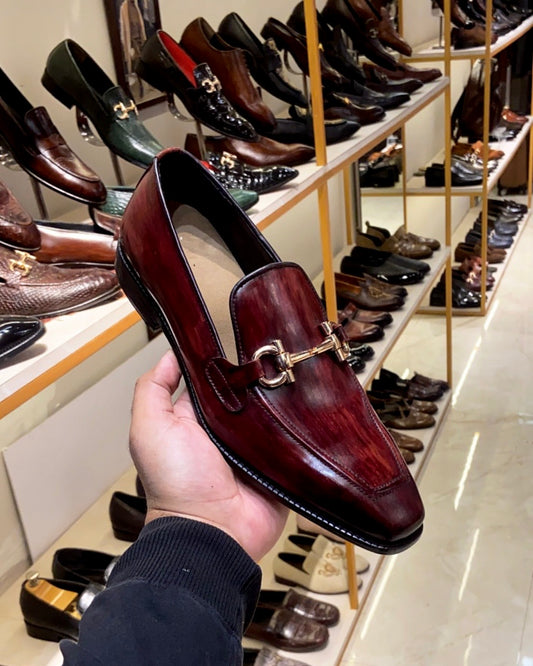 Burgundy Loafers with Gold Metal Bit