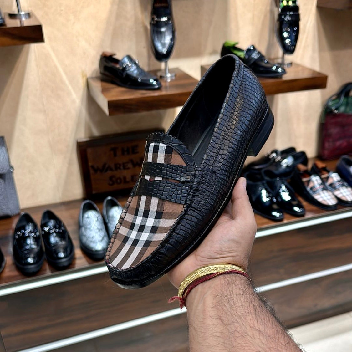 Matte Black Crocodile Scaled Check Pattern Penny Moccasins