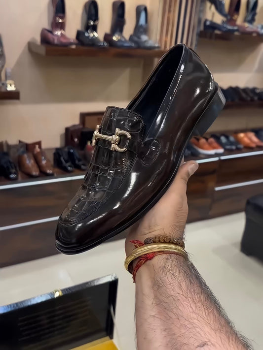 Brown Patent Croc Brush Off Leather Moccasins