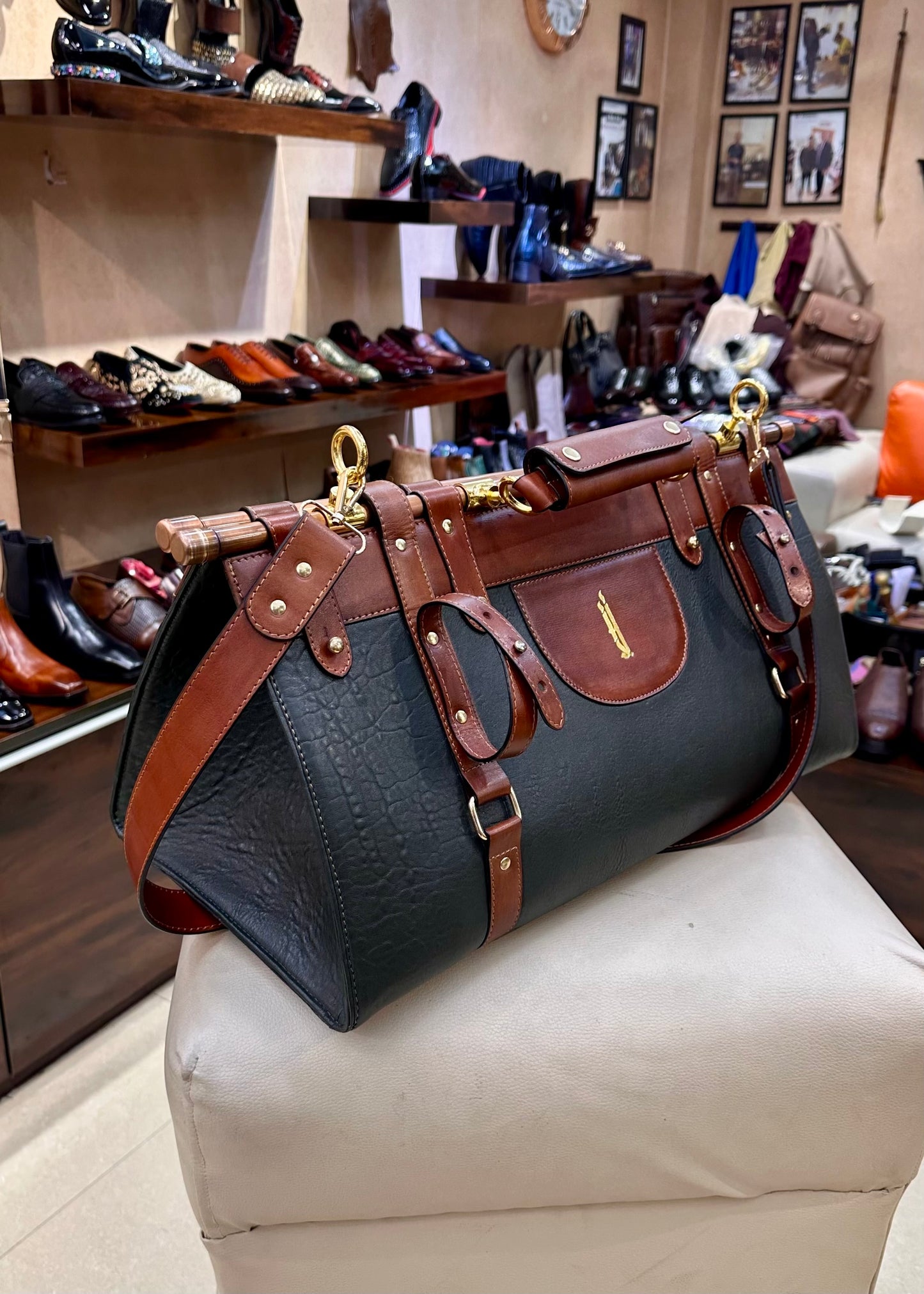 Custom Handmade Two-tone Italian Leather Duffel Bag