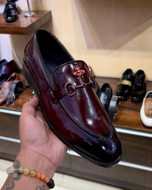 Two-tone Ox-blood Horsebit Moccasins with Bee