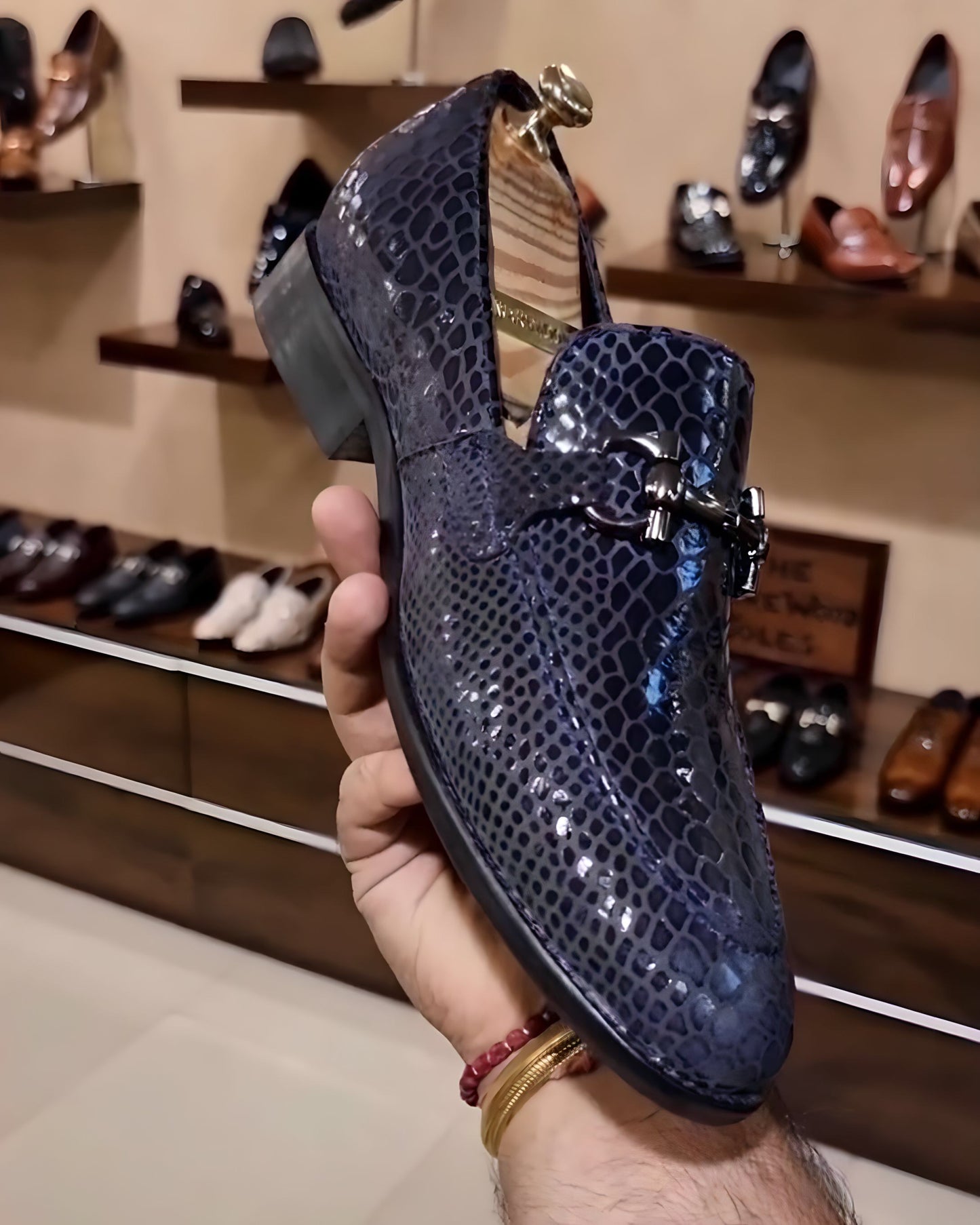 Navy Blue Snake Foil Moccasins