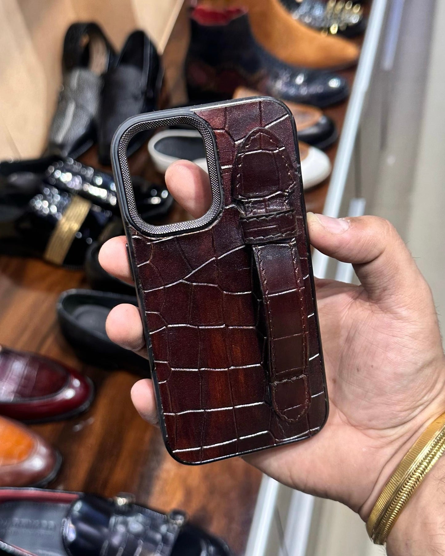 Burnished Brown Crocodile Leather Mobile Cover With Holding Finger