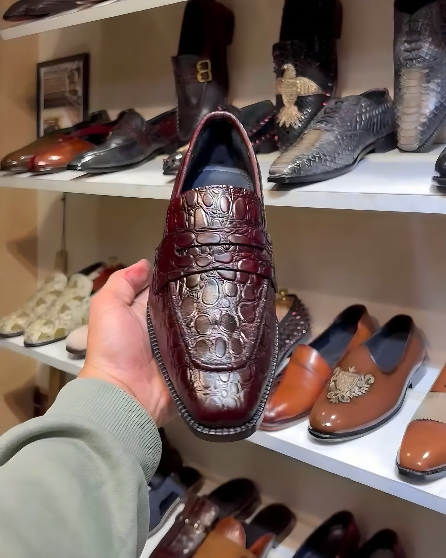 Burgundy Crocodile Scaled Penny Loafers
