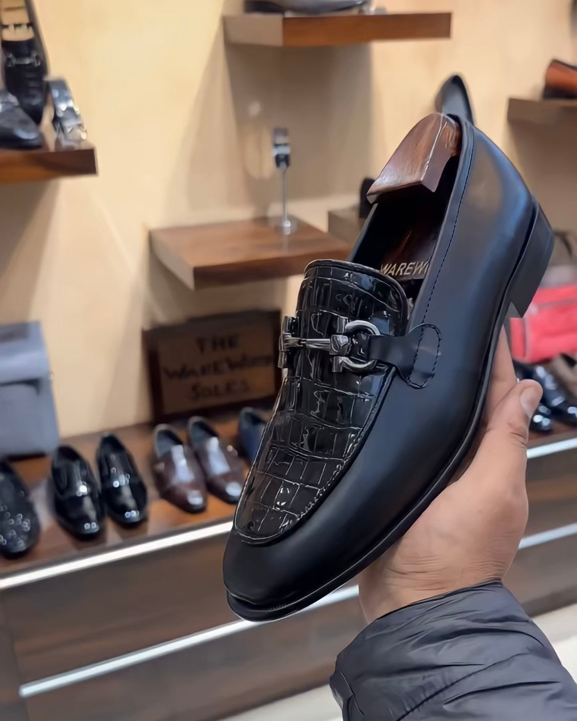 Matte Black & Patent Croco Spectator Horsebit Loafers