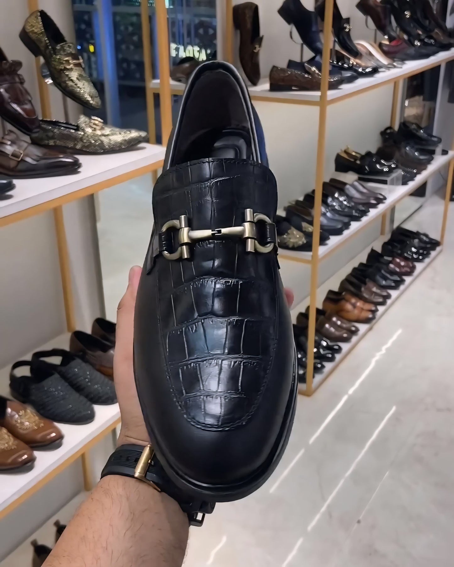 Matt Black Croc Scaled Moccasins with Rubber Sole