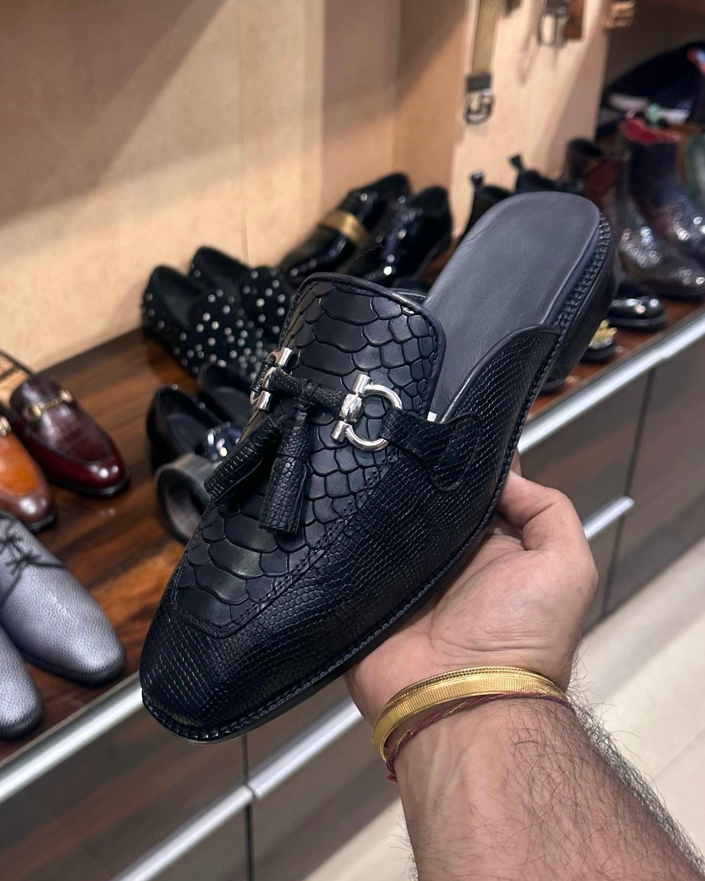 Black Cobra Scaled Tassel Mules with Black Foot Bed