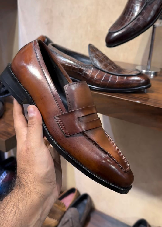 Tan Patina Italian Crust Penny Loafers