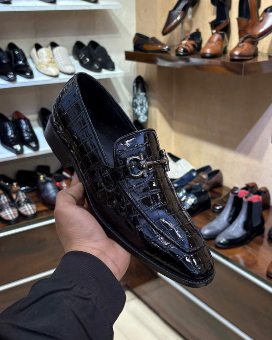 Patent Croc Scaled Loafers with Silver Buckle