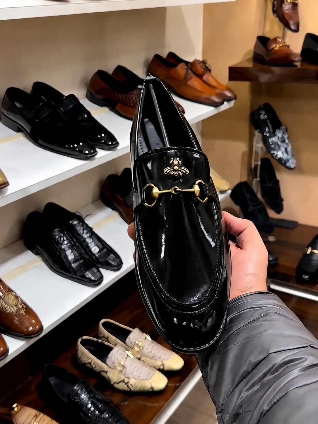 Black Smooth Calf Leather Gold Horsebit Loafers With Bee