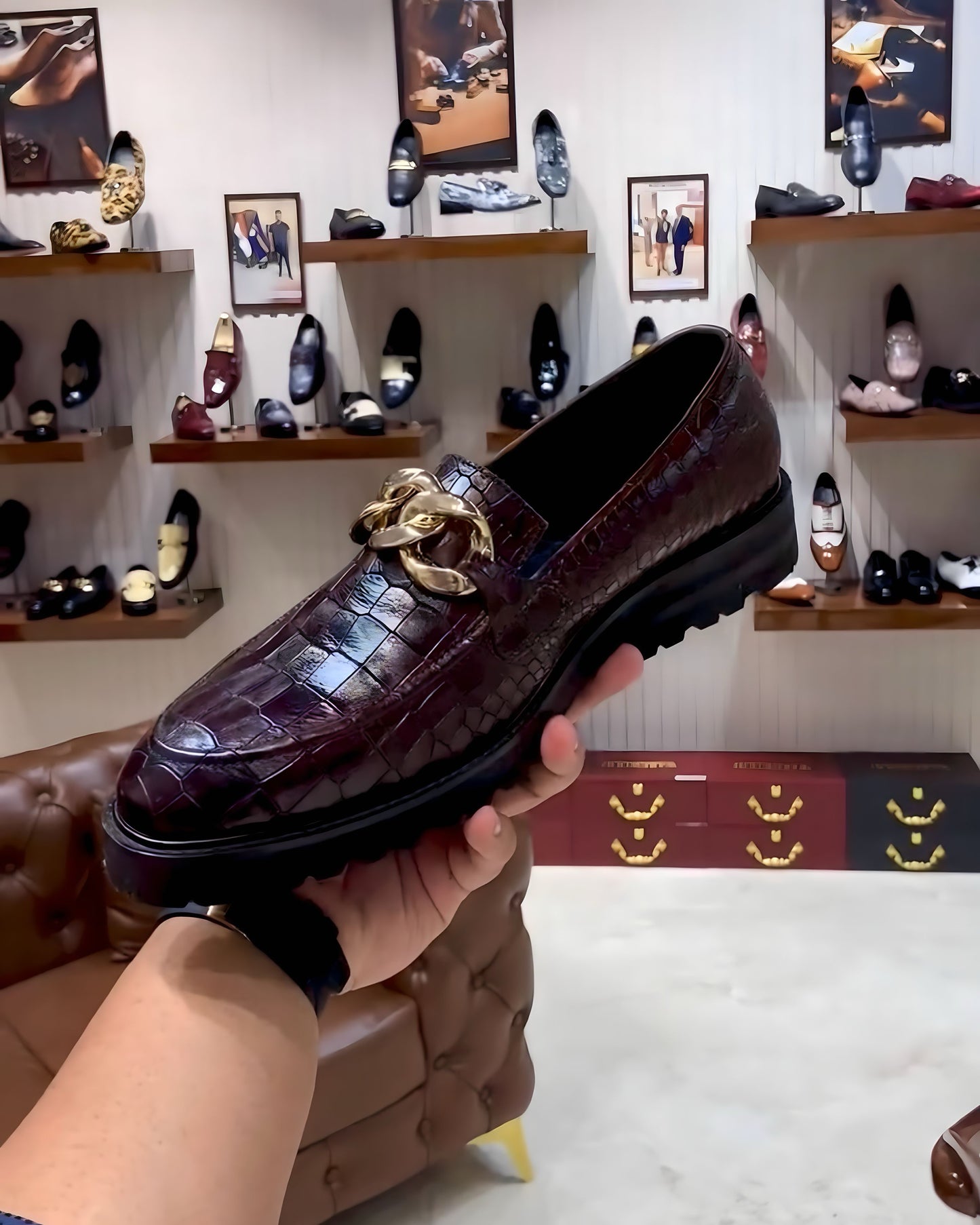 Deep Burgundy Crocodile Scaled Boot Sole Moccasins