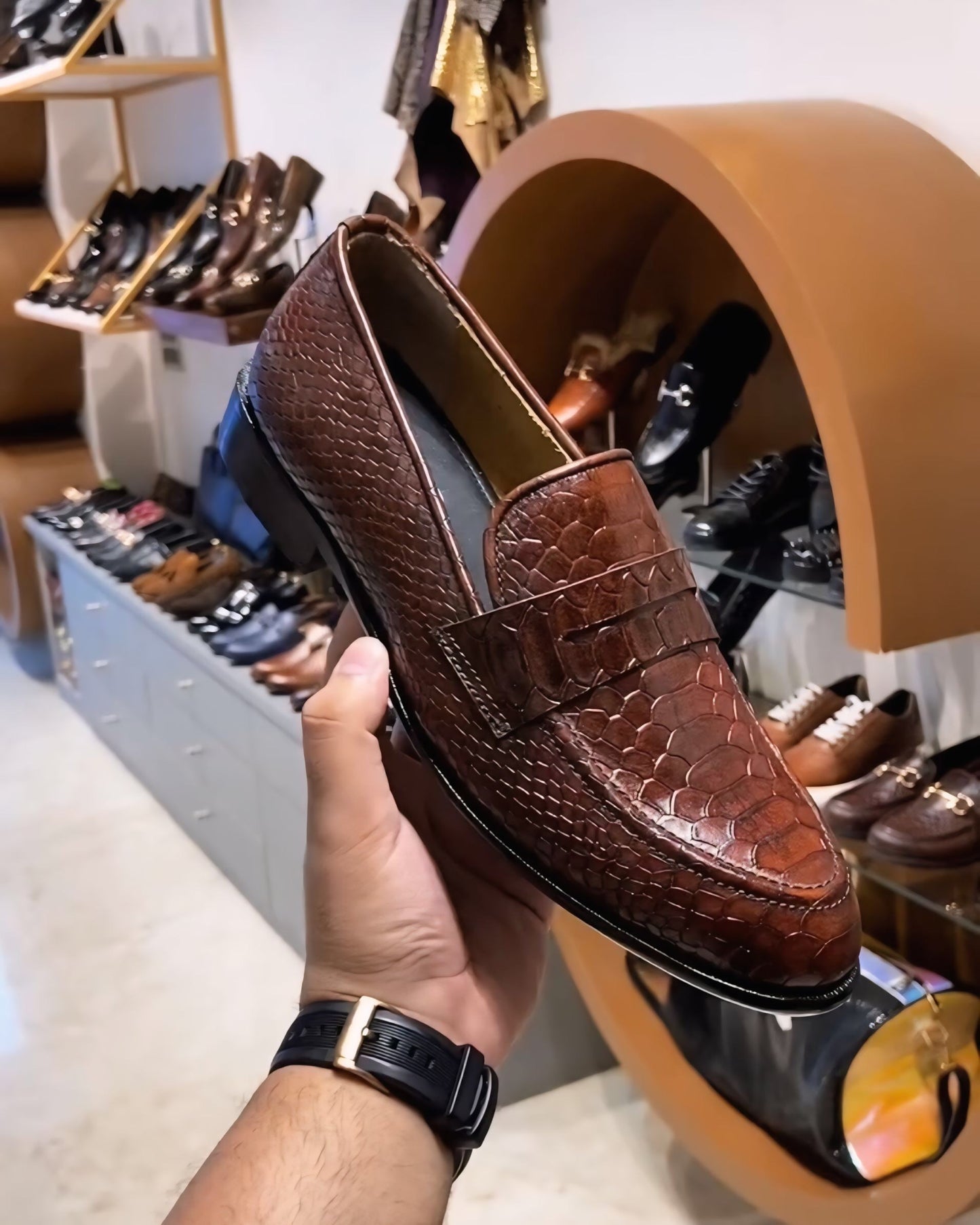 Brown Patina Cobra Scaled Penny Moccasins