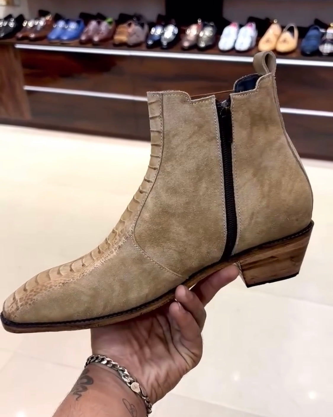 Ostrich Leg Scaled Suede Zipper Boots with Cuban Heel