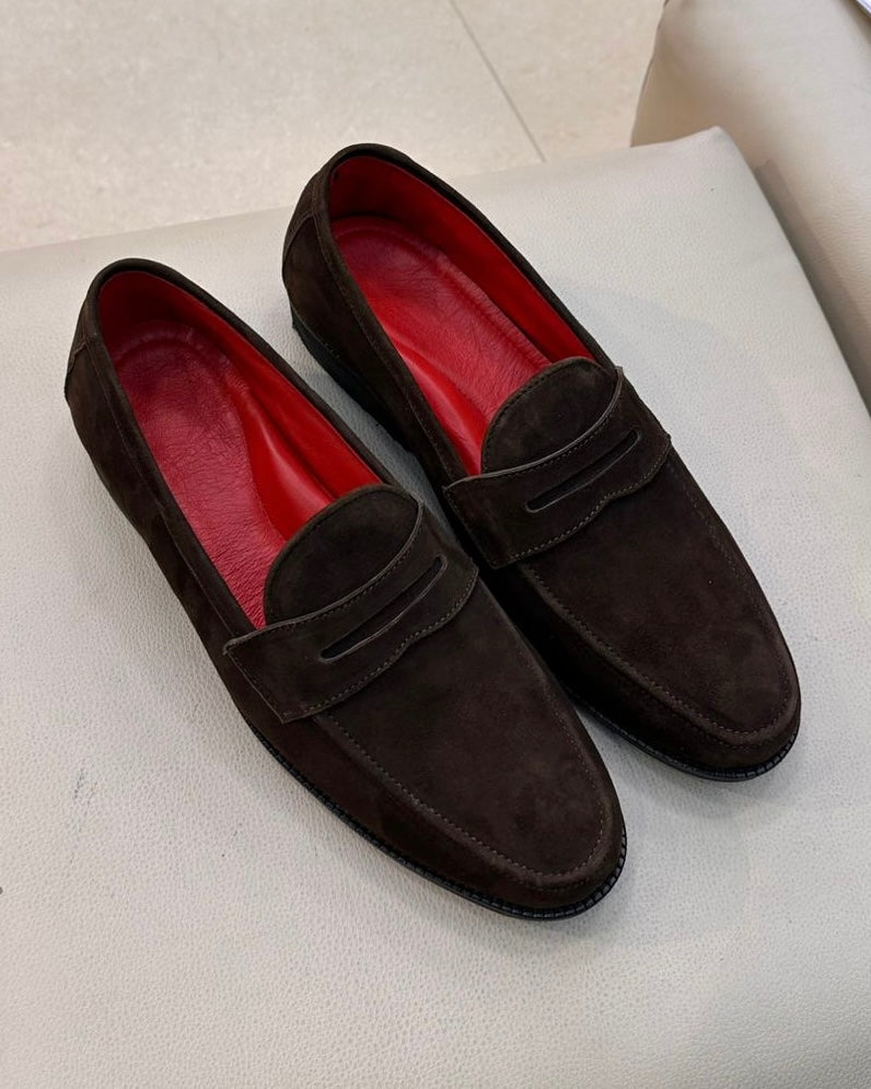 Brown Suede Penny Loafers with Red Lining