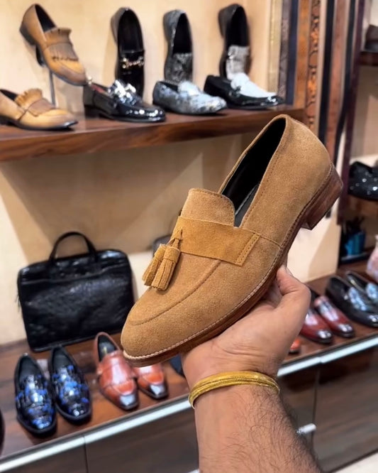 Tan Suede Tassel Moccasins with Wood Sole