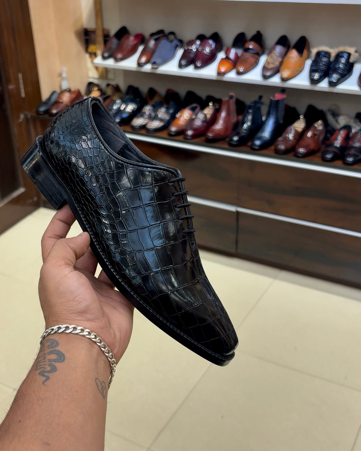 Black Crocodile Scaled Whole-cut Oxfords