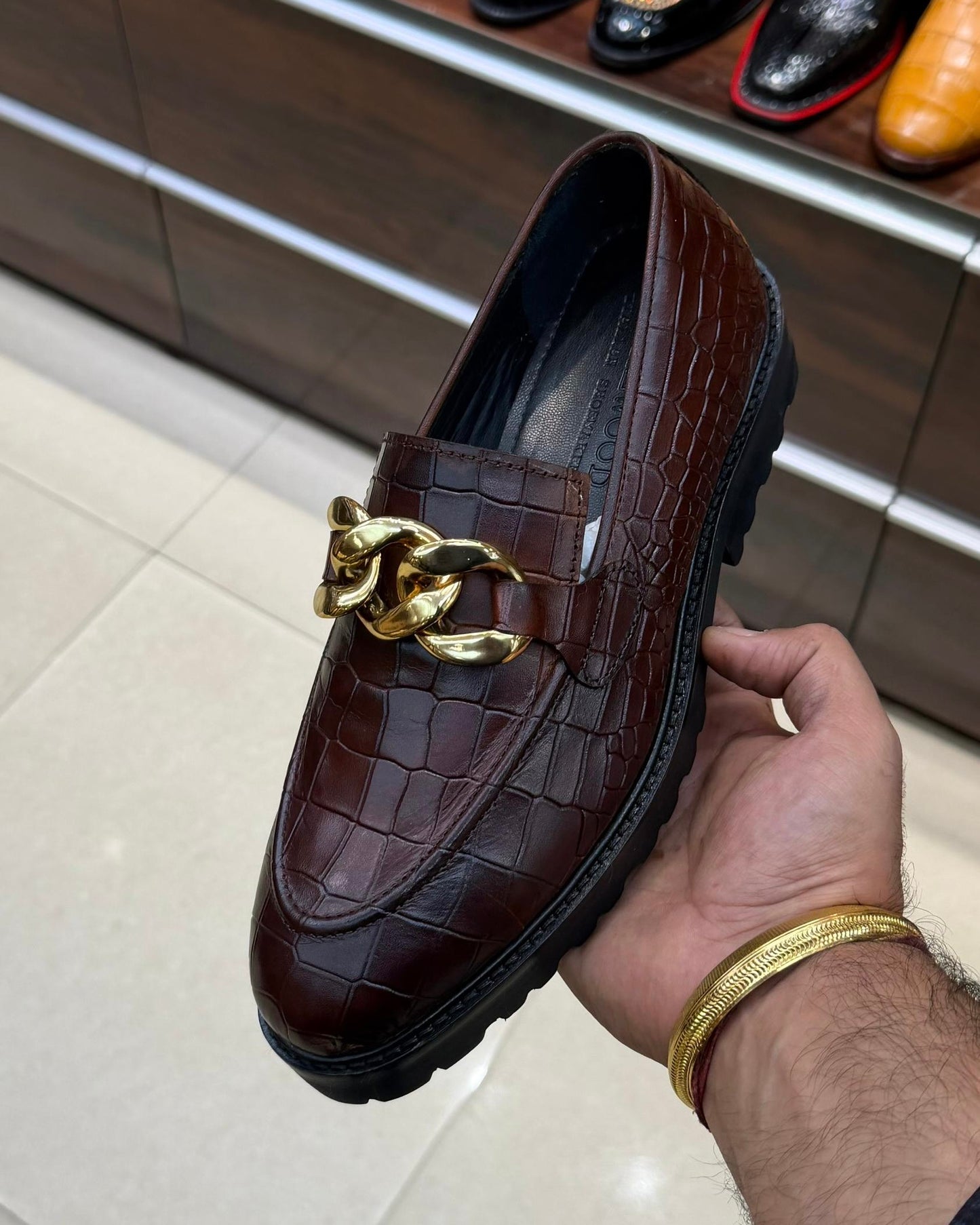 Dark Brown Croco Gold Chain Lug Sole Loafers