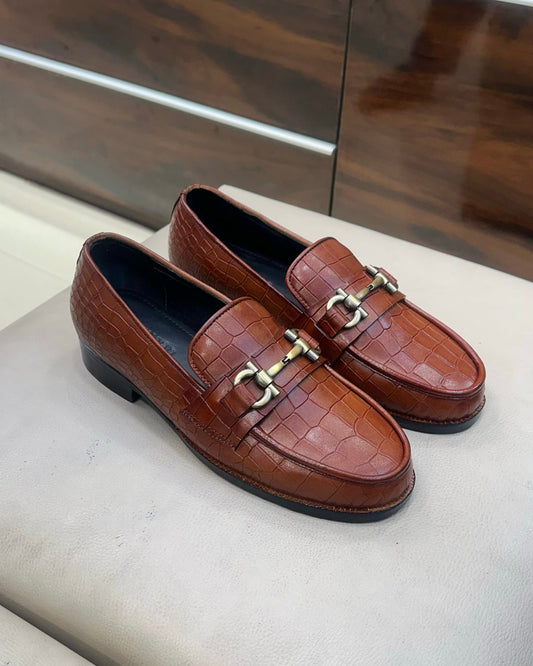 Tan Crocodile Scaled Horsebit Moccasins
