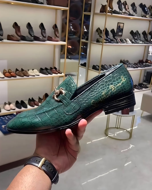 Green Crocodile Scaled Moccasins with Rubber Sole