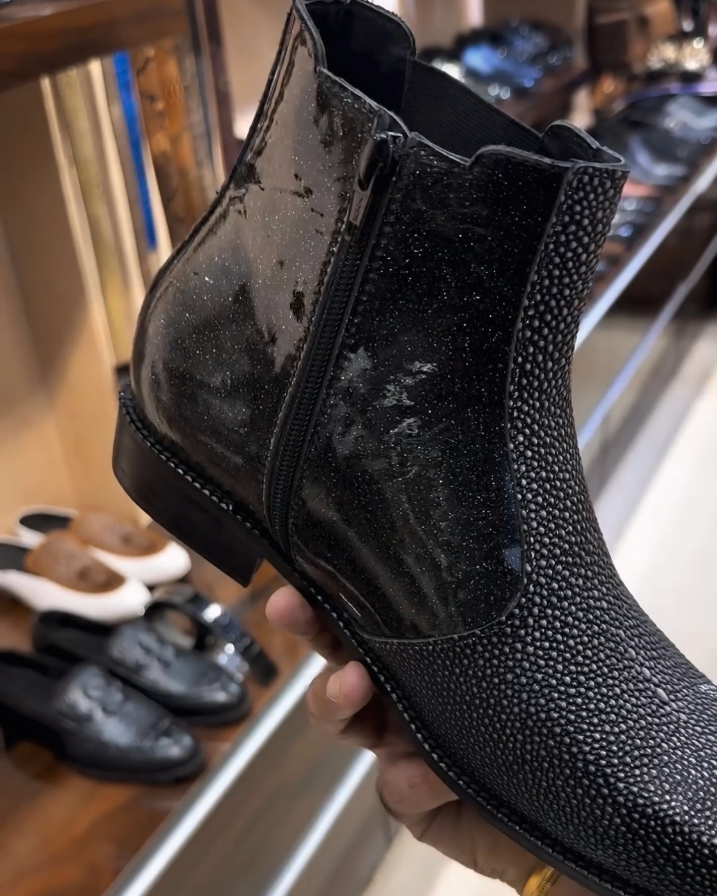 Stingray Fish Skin with Italian Sparkle Patent Leather Boots