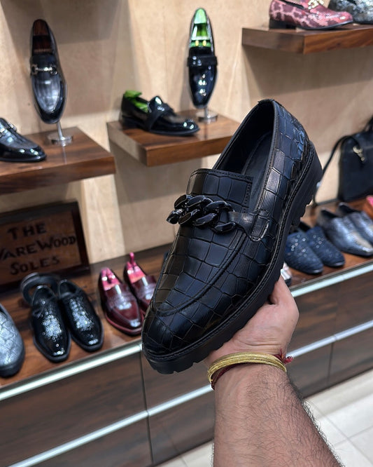 Black Smooth Crocodile Scaled Boot Sole Moccasins