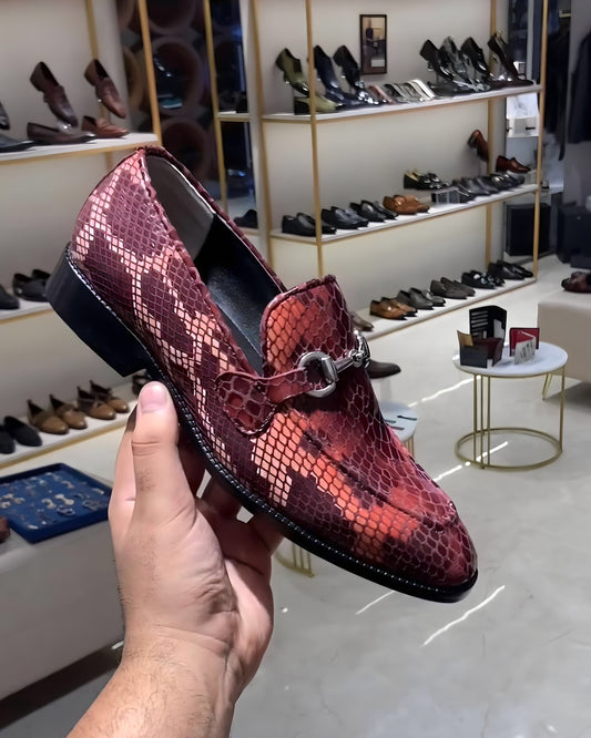 Exotic Mirror Gloss Snake Moccasins with Silver Buckle