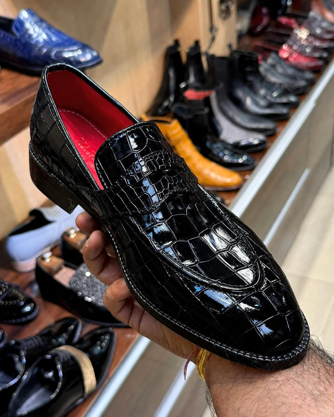 Black Patent Crocodile Full Strap Penny Loafers