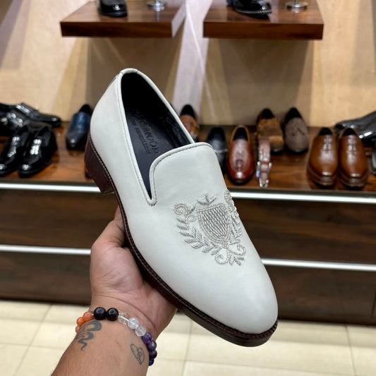 White Leather Hand-Embroidery Slip-ons with Brown Sole