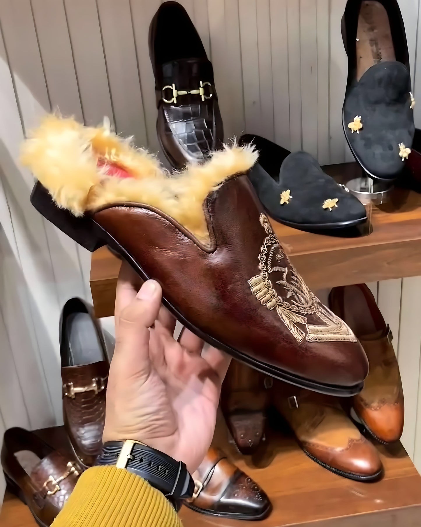 Brown Patina Hand-embroidery Fur Mules