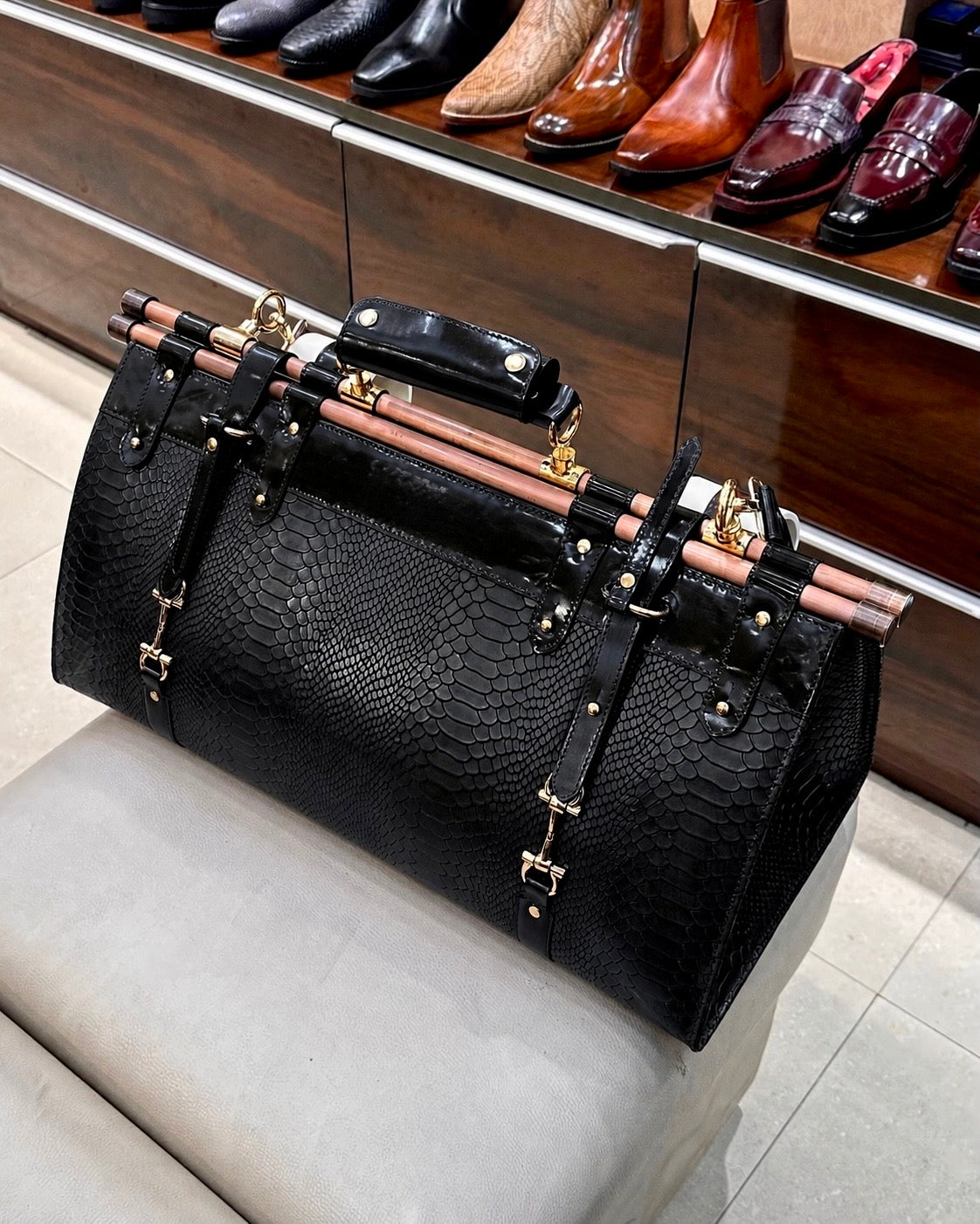 Black Cobra Scaled Duffle Bag With Copper Pipe