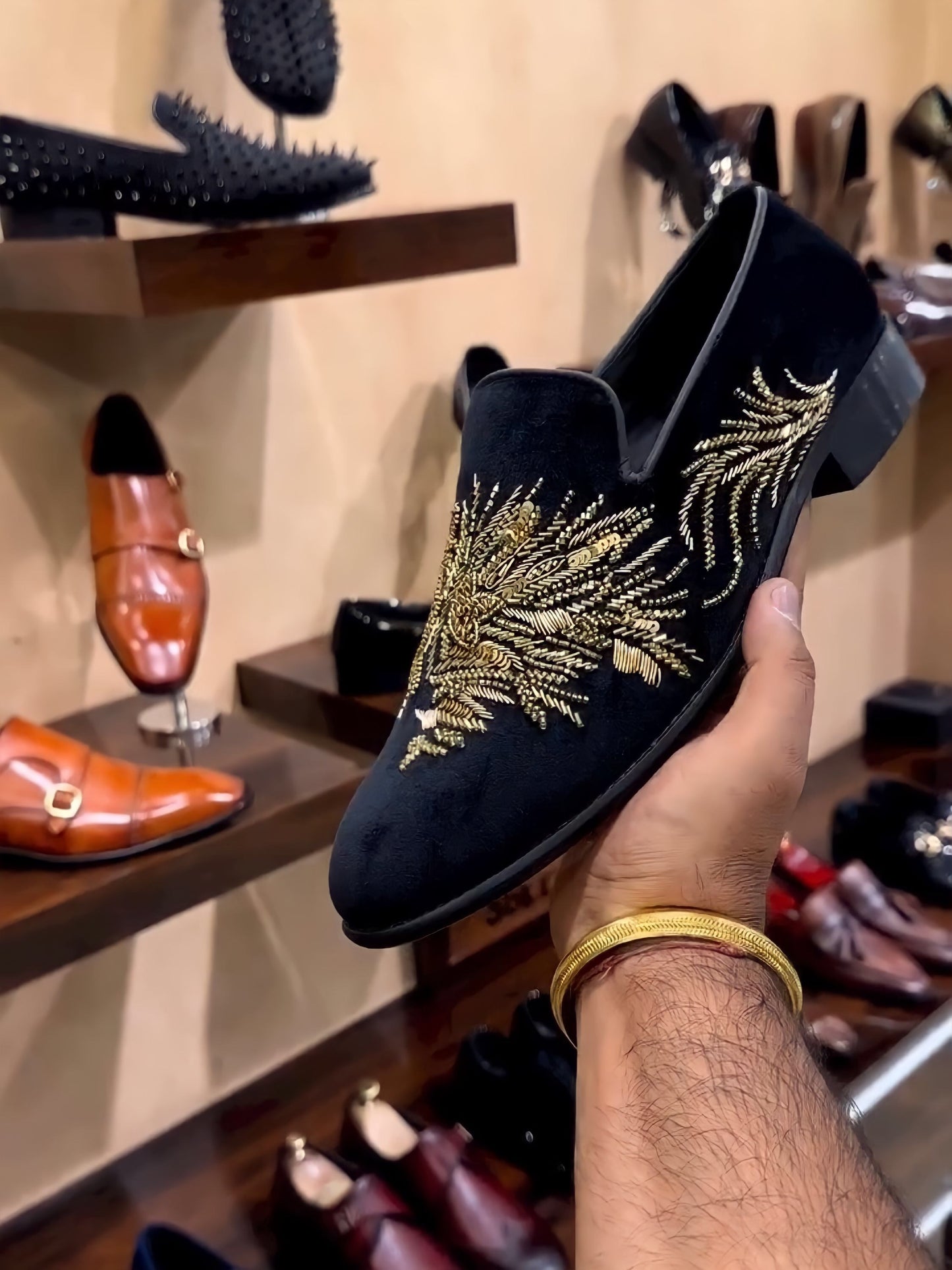 Gold Tiger Embroidery on Black Suede Moccasins