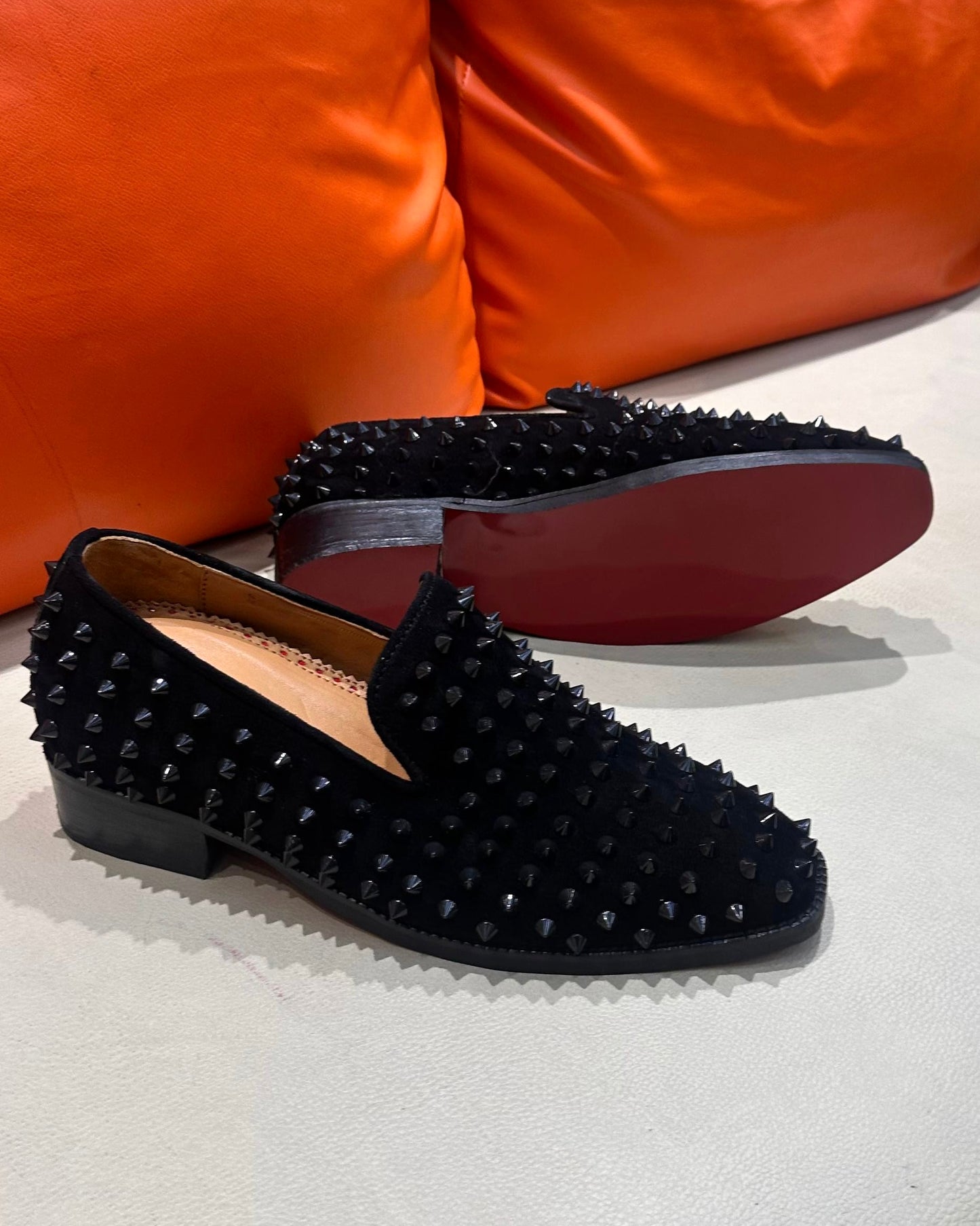 Black Studded Loafers with Beige Lining & Red Bottoms