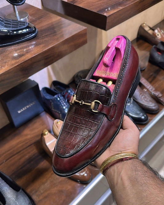 Wine Metallic Croc Scaled Moccasins with Antique Buckle