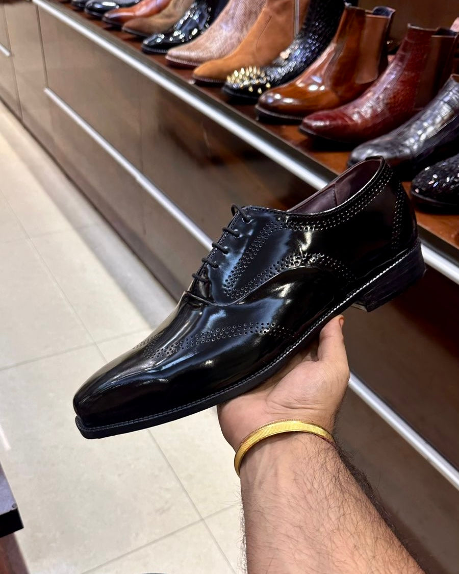 Black Smooth Calf Leather Oxfords with Perforations