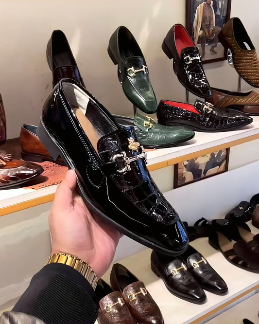 Luxe Edition Smokey Patent Croc Moccasins with Bee