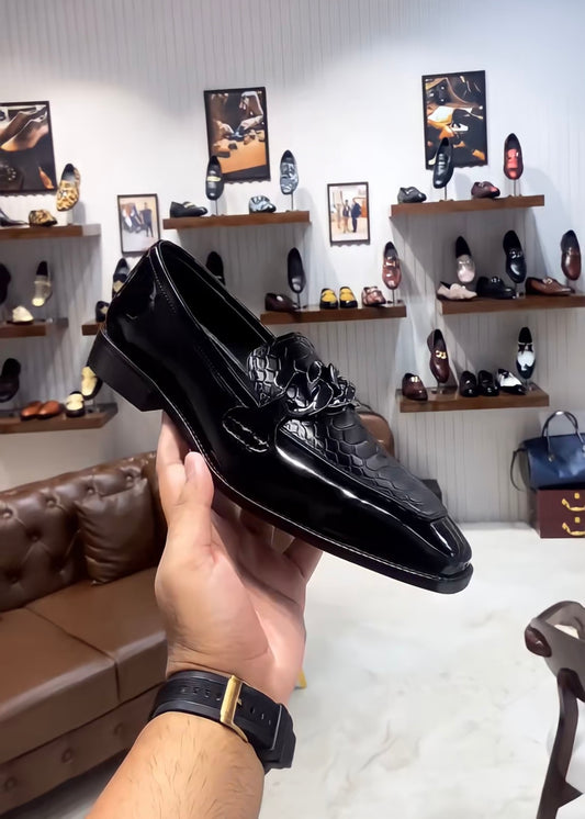 Black Patent Cobra Scaled Spectator Loafers with Chain Buckle