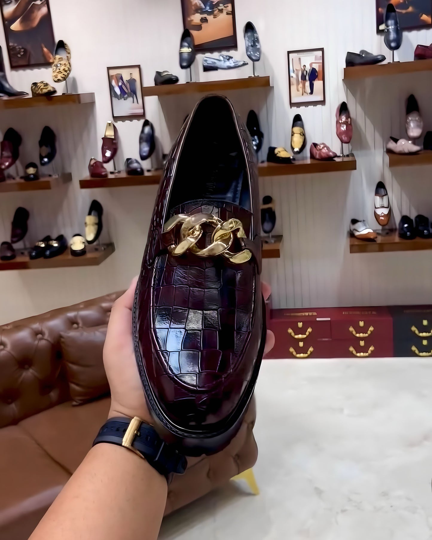 Deep Burgundy Crocodile Scaled Boot Sole Moccasins