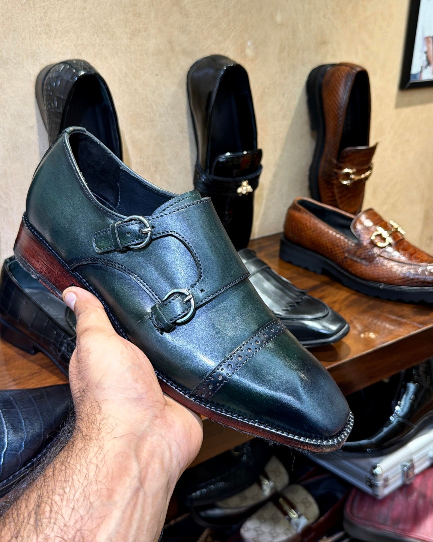 Hand-dyed Teal Green Double Monk Strap Shoes
