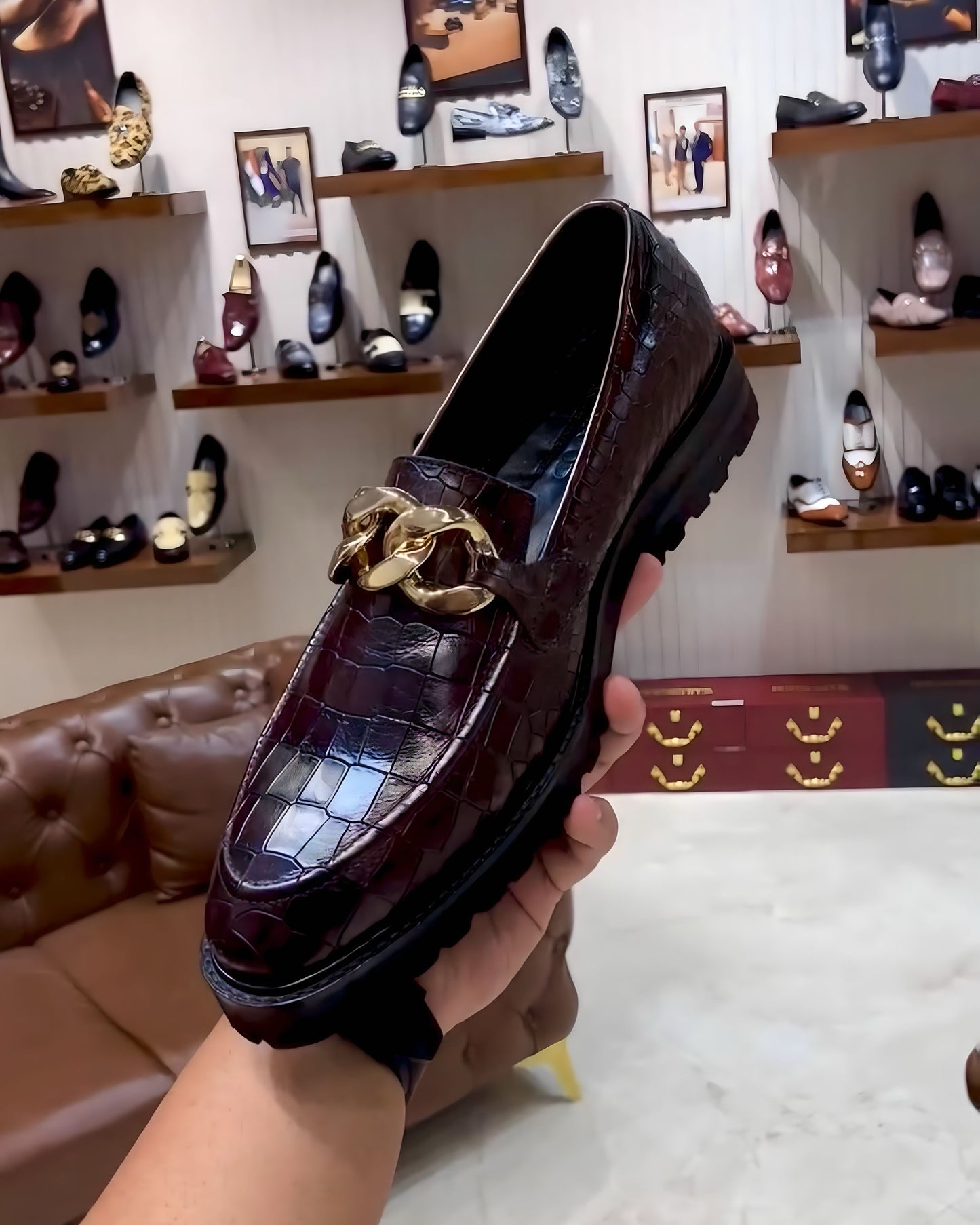 Deep Burgundy Crocodile Scaled Boot Sole Moccasins