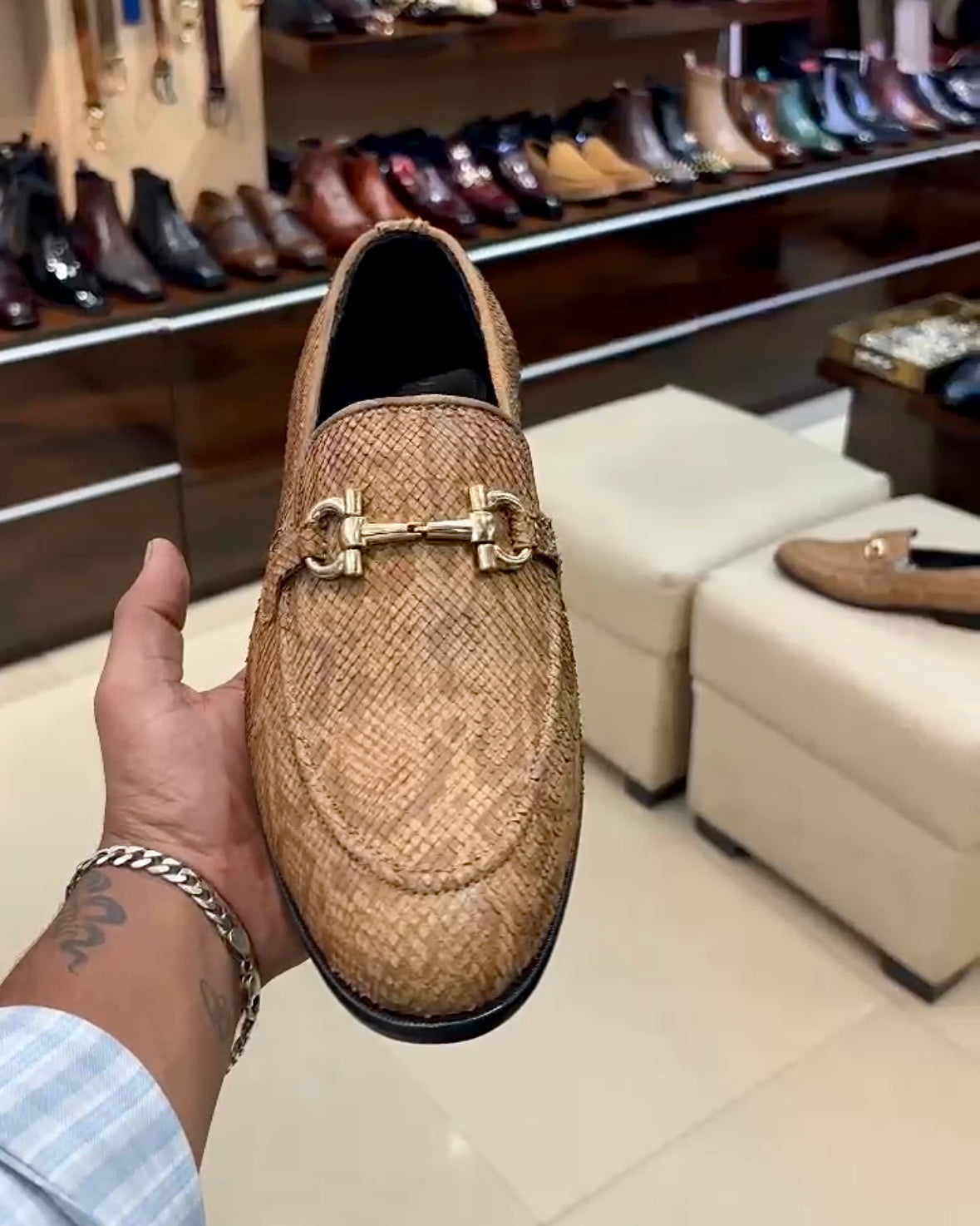 Exotic Beige Snake Pattern Horsebit Loafers