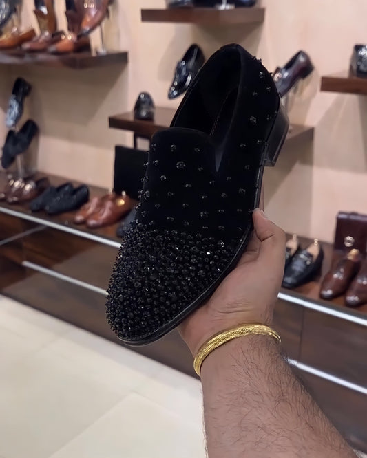 Black Suede Diamond Studded Moccasins