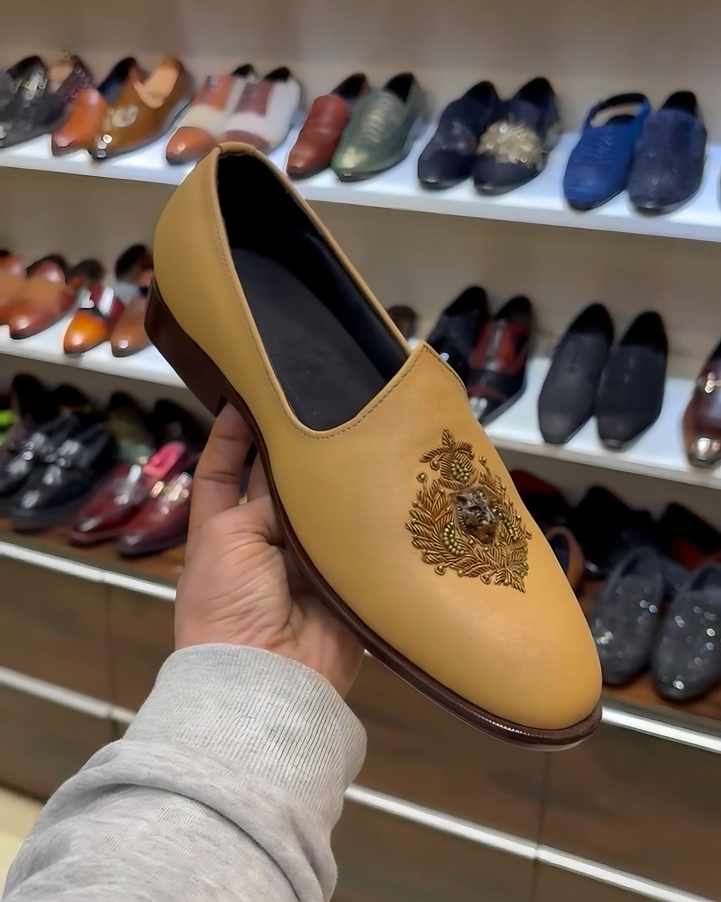 Beige Goat Leather Embroidery Mojaris with Brown Sole