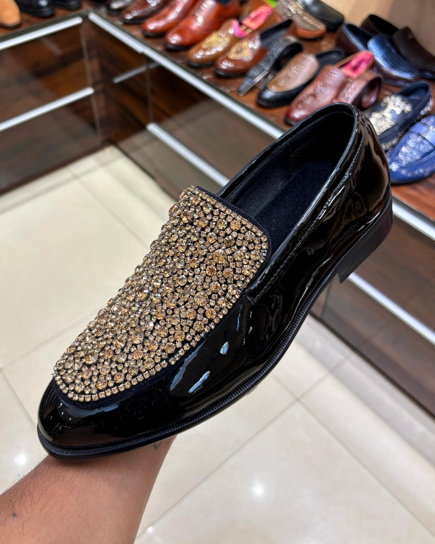 Black Patent Leather Gold Diamond Studded Loafers