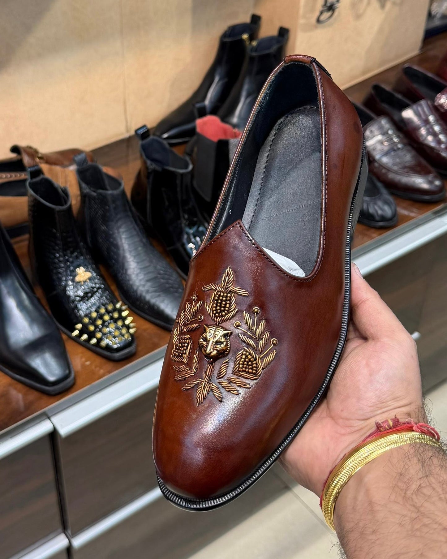 Chestnut Brown Patina Gold Hand-embroidered Mojaris
