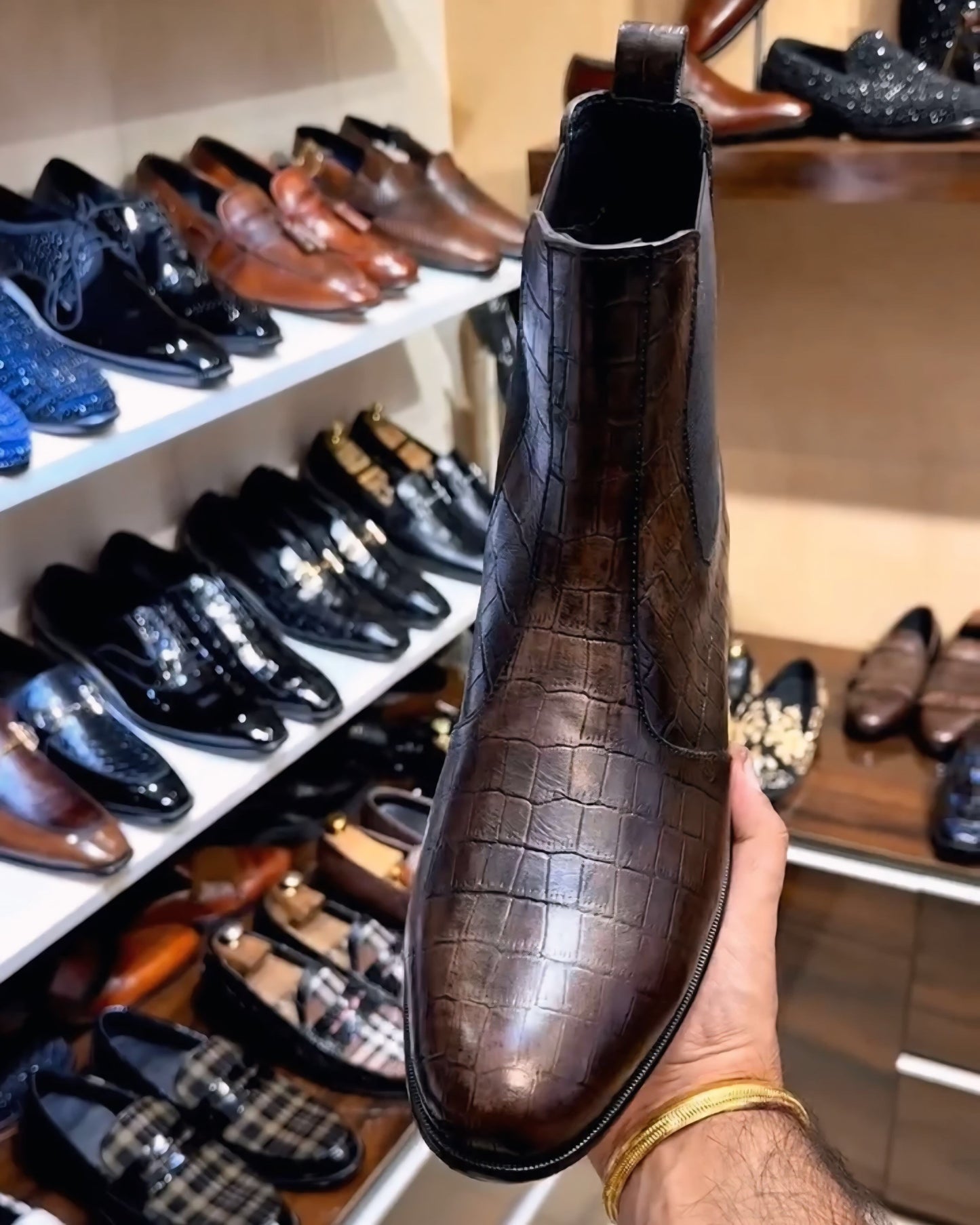 Metallic Brown Crocodile Scaled Chelsea Boots