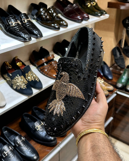 Signature Snake Foil Studded Bird Embroidery Slip-ons