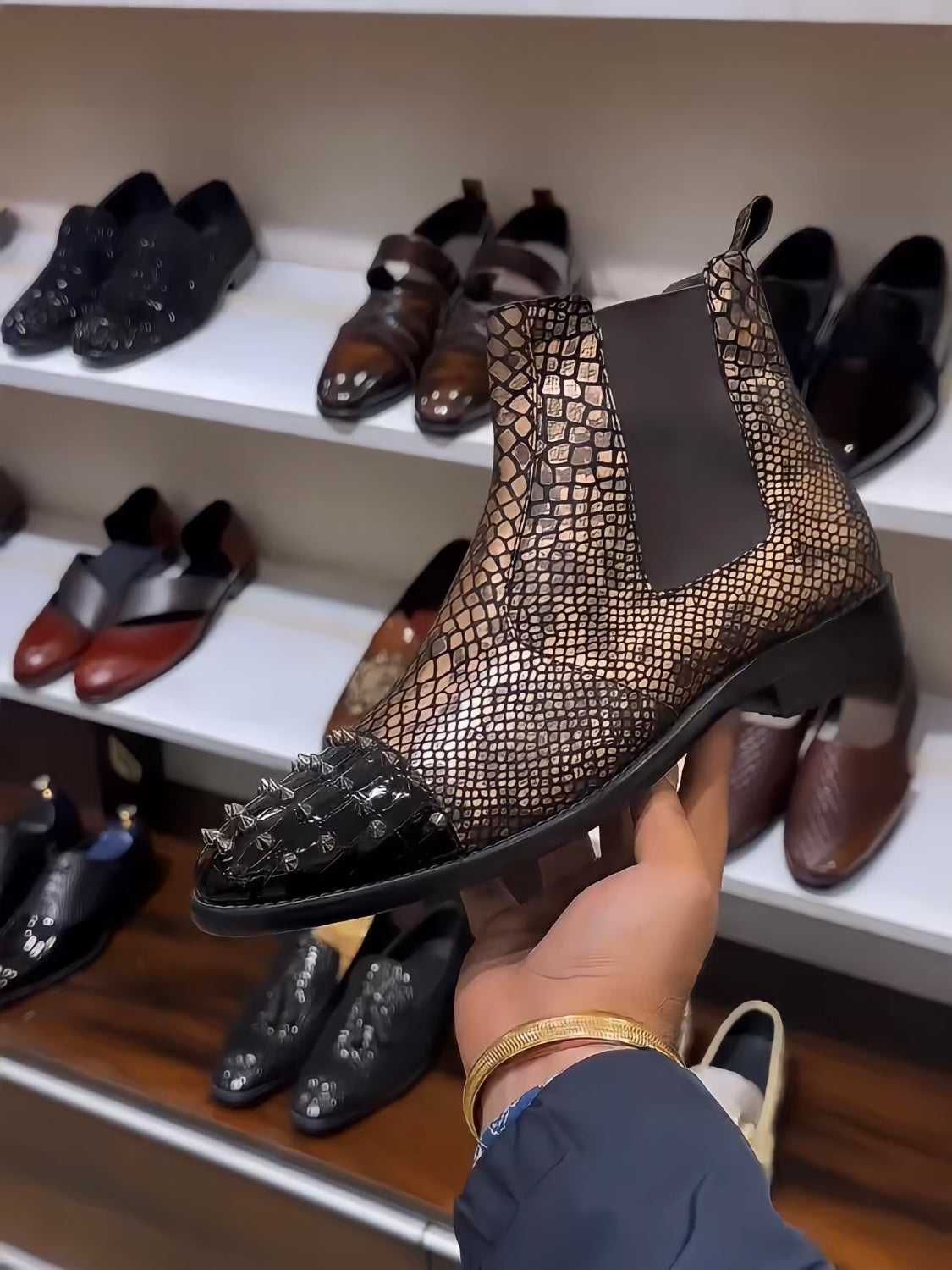 Exotic Gold Snake Scaled Studded Toe Chelsea Boots