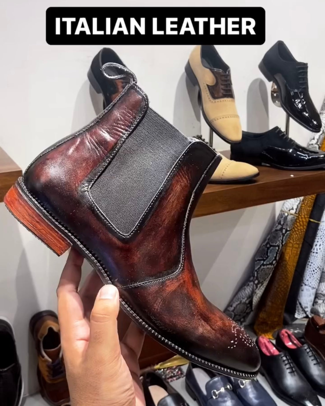 Burnished Brown Patina Italian Crust Leather Chelsea Boots